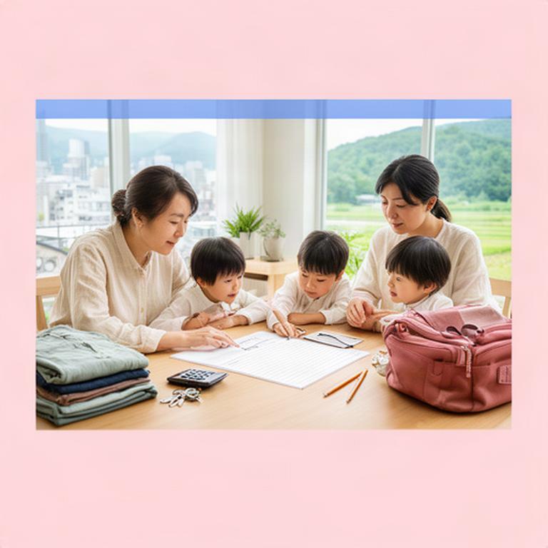 都市と地方の二つの住まいを行き来する家族が家計表を囲む室内風景