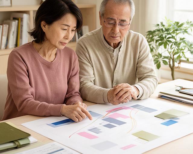 つくばの明るい書斎で老後資金のグラフを見つめる50代夫婦